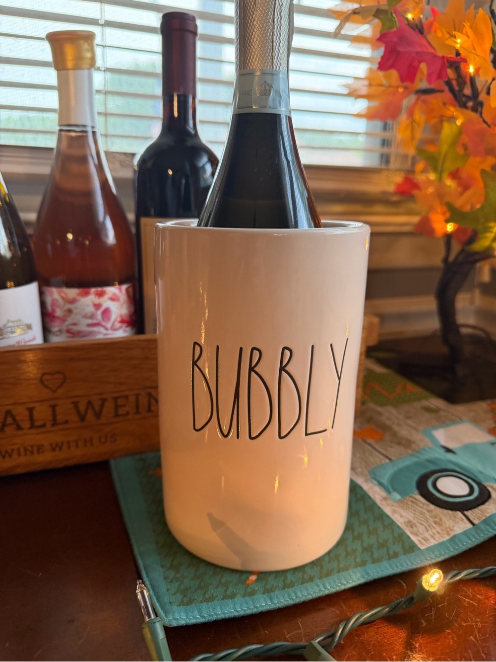 Rae Dunn Cream Ceramic Cooler with Black BUBBLY Text